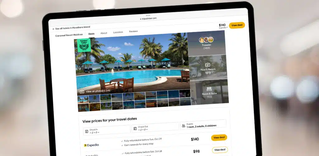 Image of A travel review page on a tab on Canareef Resort website